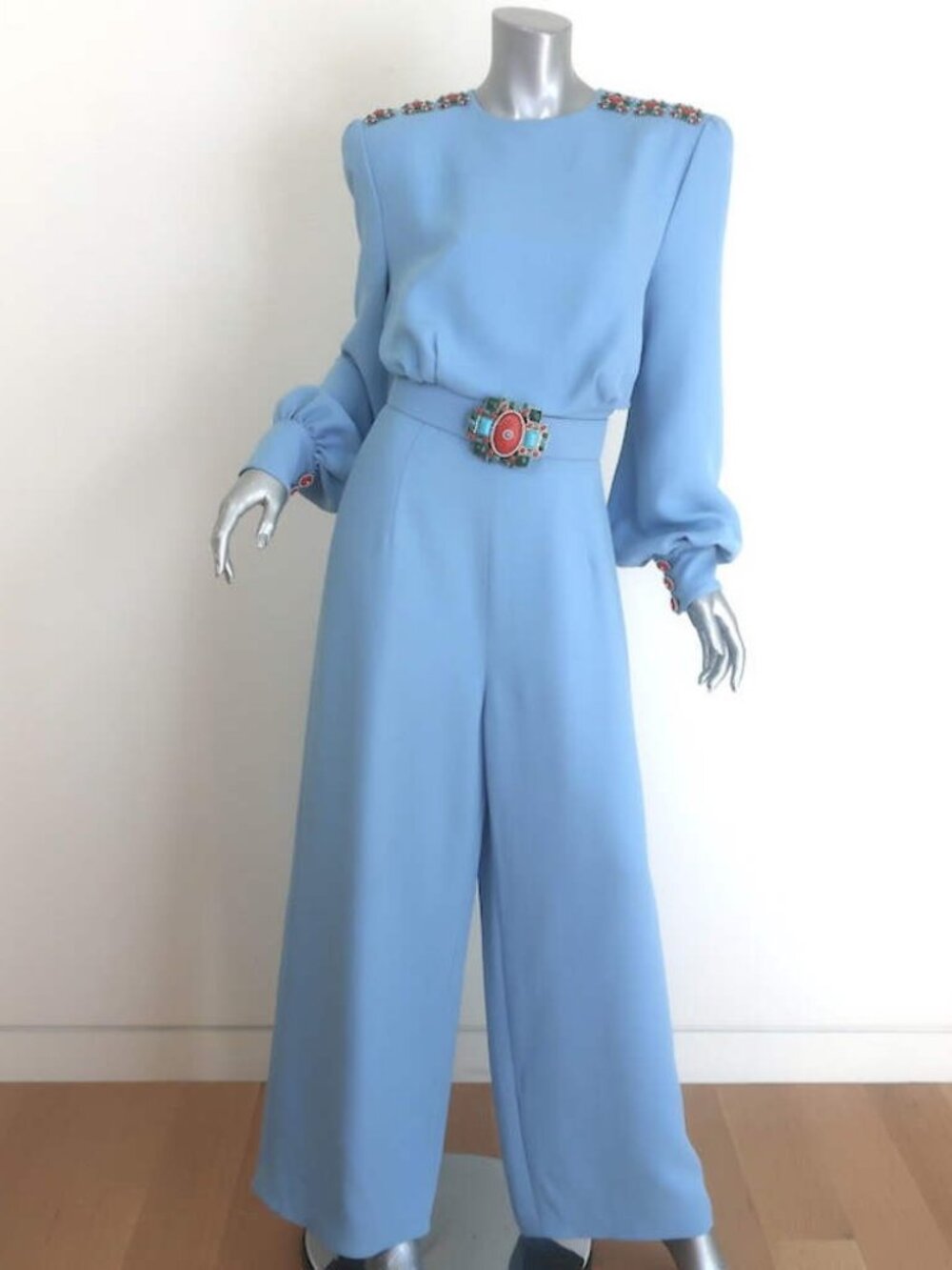 Andrew Gn Embellished Wide-Leg Belted Jumpsuit Sky Blue Crepe Size 40